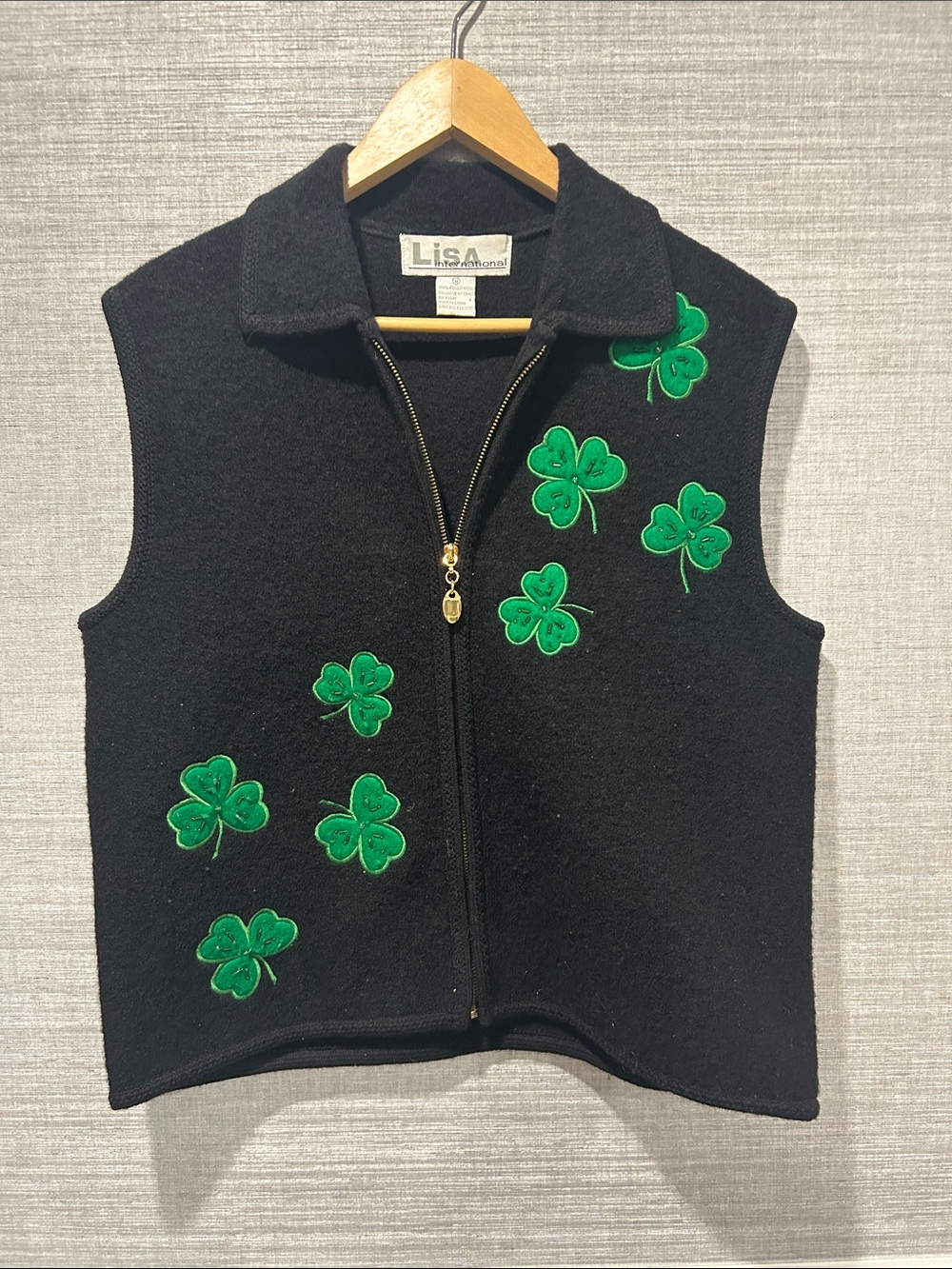 Black Women’s  Sleeveless Jacket  with Green Shamrock Embroidery